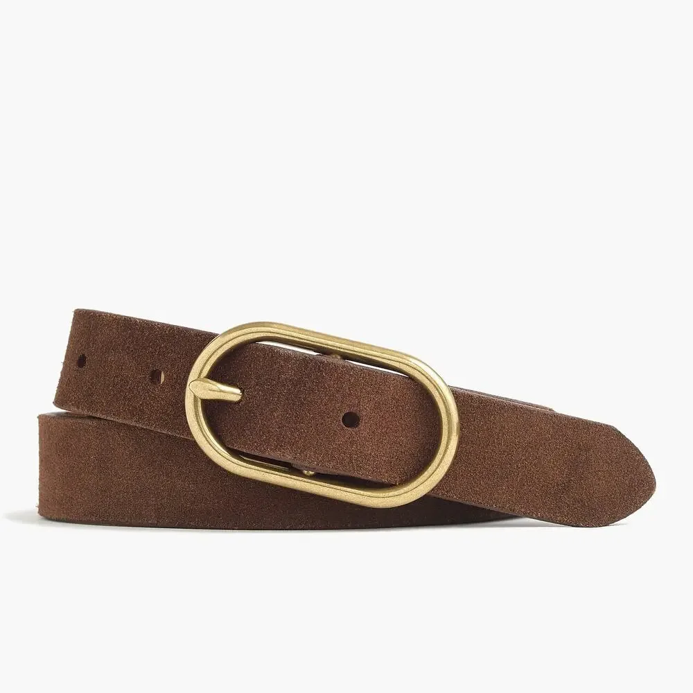 J. Crew Brown Suede Belt with Gold Oval Buckle